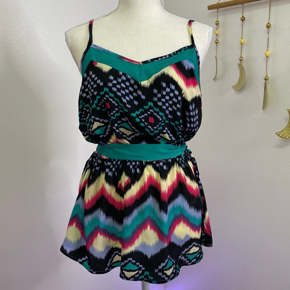 Y2K Aztec Design Funky Top with Green Sash Tie and Elastic Waist
